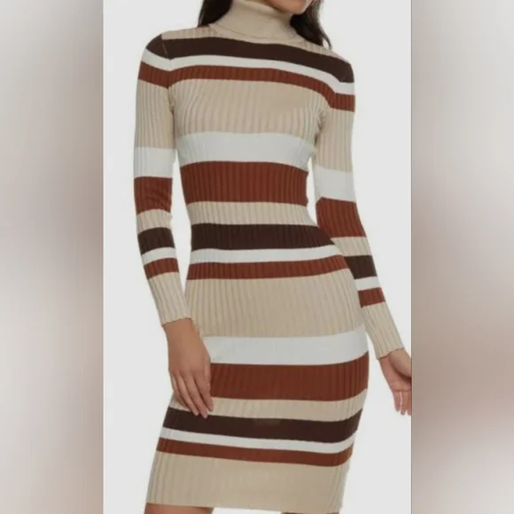 Neutral Tone Striped Ribbed Turtleneck Bodycon Dress Size M - Picture 9 of 11